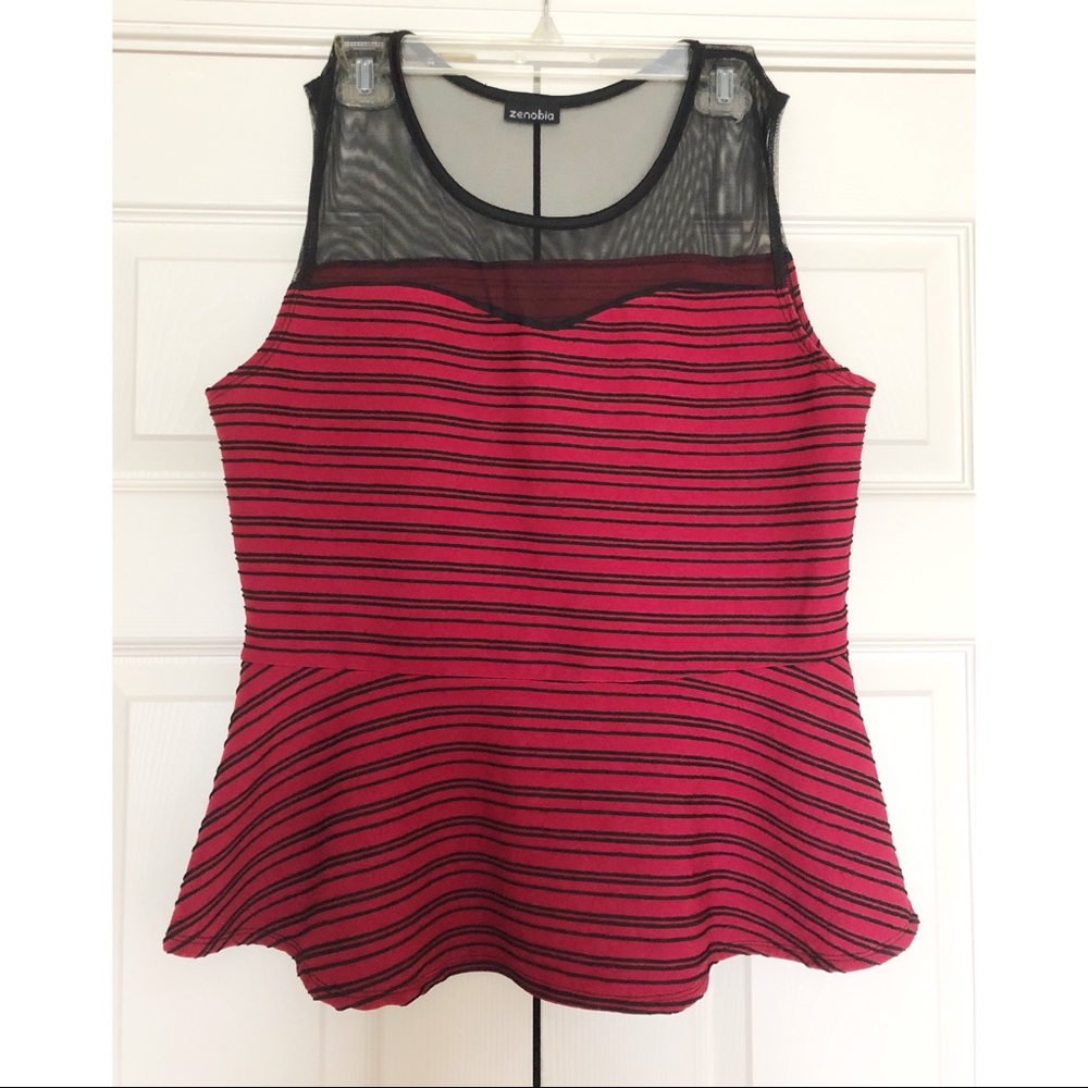 Red and Black Striped Mesh Peplum Tank